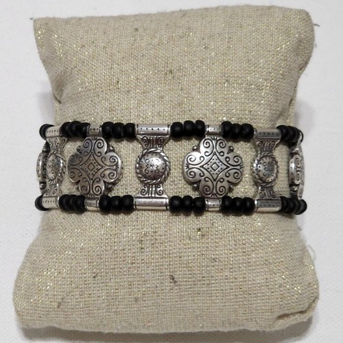 Brighton Silver Tone Statement Bracelet Black Beads Adjustable Boho