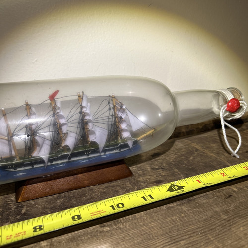 Antique Vintage Ship in a Bottle Nautical Maritime Folk Art Decor 11” Long