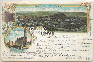 B620 Litho Gruss aus Graz Steiermark Postcard Herz-Jesu-Kirche Schwidernoch 1900