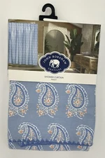 John Robshaw Textiles Paisley Luxury Fabric Shower Curtain Embroidered Edge Blue