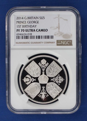 2014 Silver Proof £5 coin "Prince George 1st Birthday" NGC Graded PF70 with COA