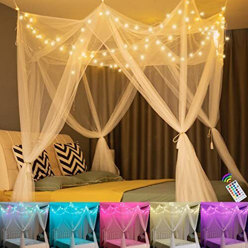 White Bed Canopy with 18 Colors Star Lights for Girls 8 Corner Princess Canop... - Picture 1 of 7