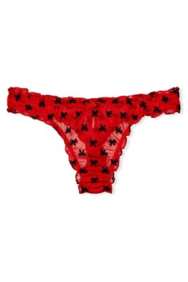 Victoria's Secret Mesh Ruffled Thong String Red Black Laces Small