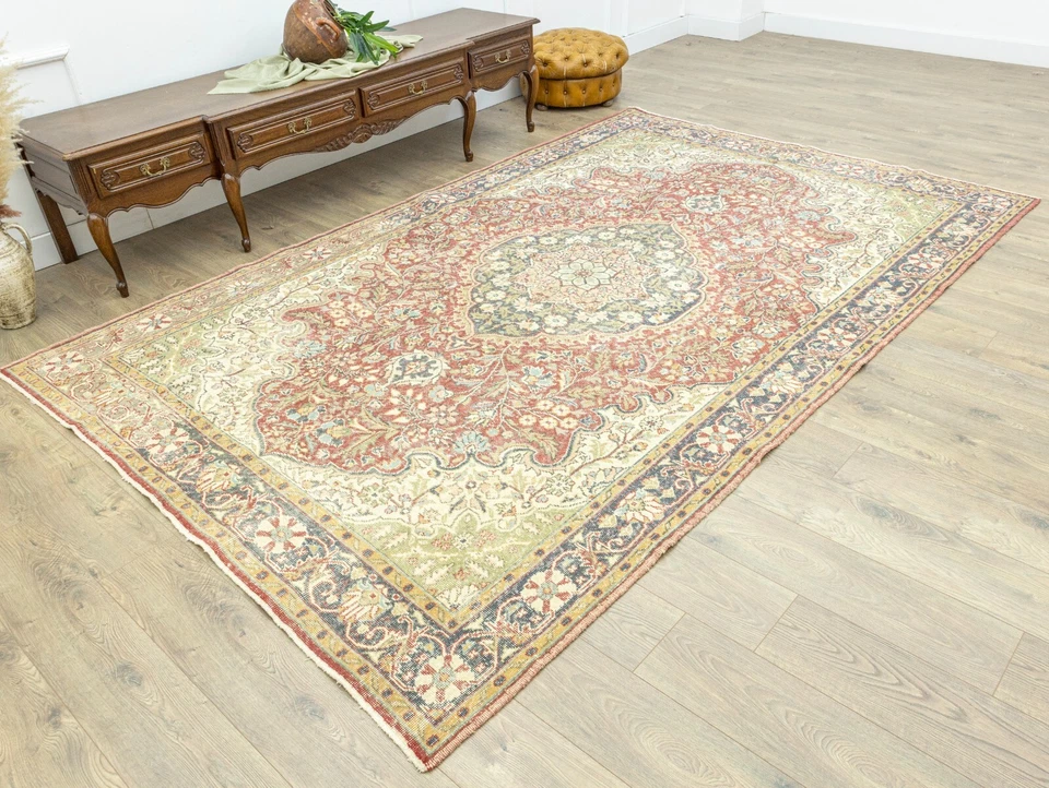 Turkish Oushak Rug 6.8 x 10.6 ft, Cranberry Red Cream, Classic Living Room Decor - Image 2 of 4