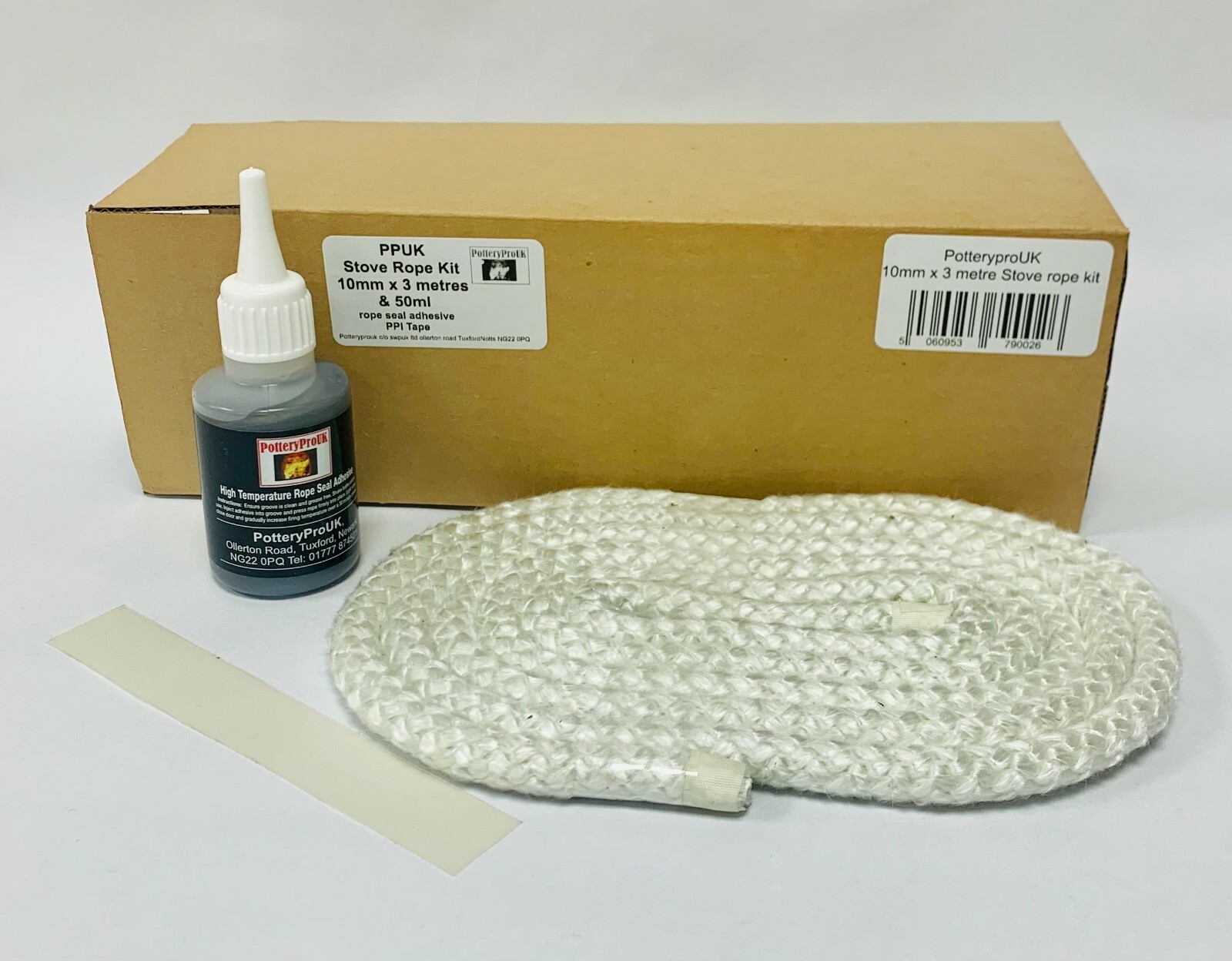 10mm Stove Rope Kit: 3m Glass Fibre Rope, 50ml Glue, & Tape