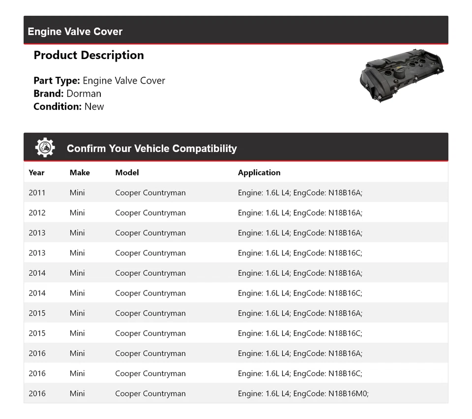 Cubierta de válvula de motor Dorman 1,6 L L4 2011-2016 Mini Cooper Countryman 2012 Foto 2 de 4