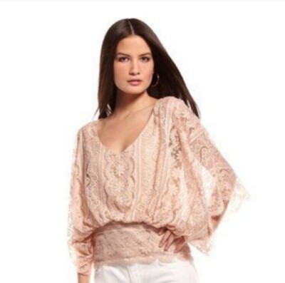 Beyond Vintage M Blush Lace Batwing Blouse Top