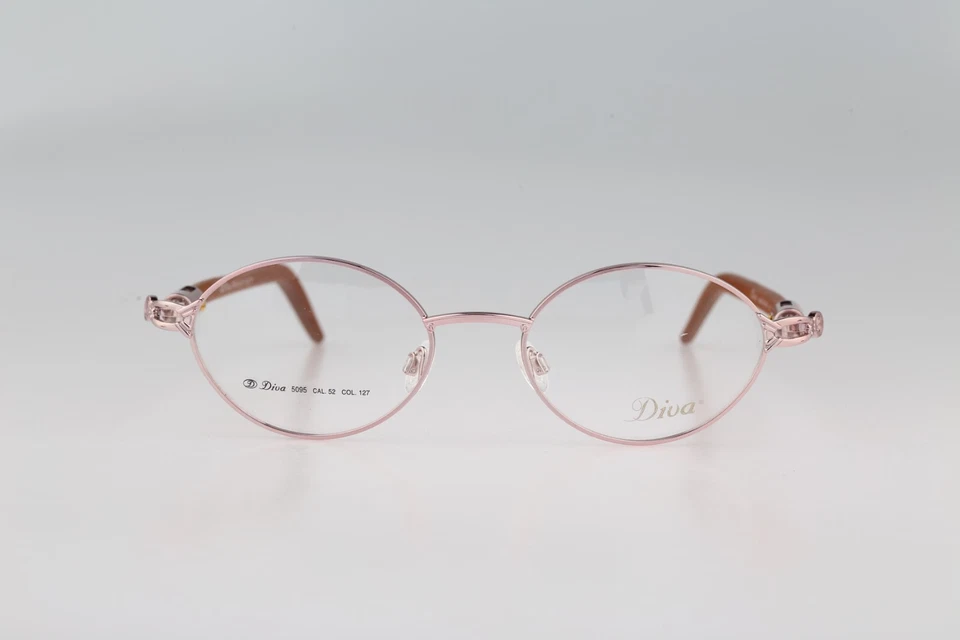 Diva 5095 127 Vintage 90s pink & genuine wood temples oval eyeglasses frames NOS - Image 2 of 4