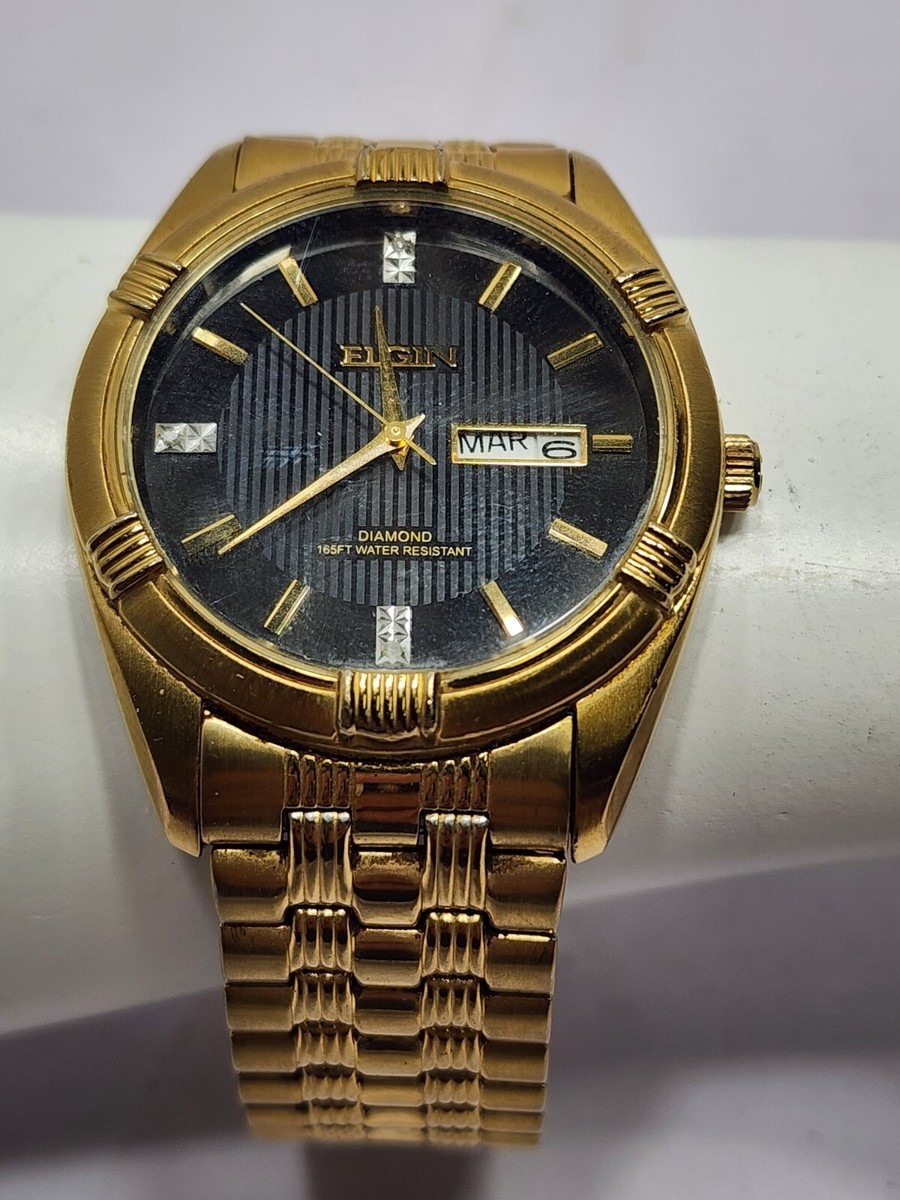 Elgin Gold Tone Mens Watch FG268N With Diamond Markers Stainless