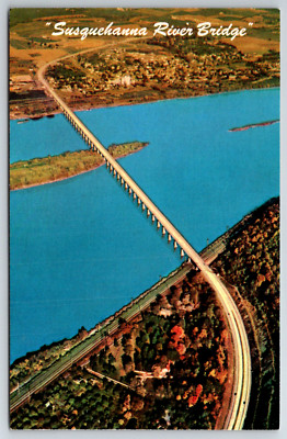 c1960s Pennsylvania Turnpike Susquehanna River Bridge Aerial Vintage Postcard