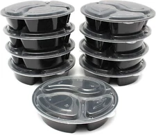 48oz Black Round 3 Compartments Plastic Meal Prep Containers With Clear Dome Lid