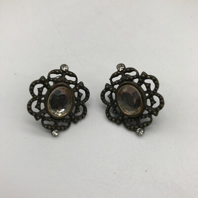 Bronze Tone Faux Gem Filigree Stud Pierced Earrings Ladies Fashion Jewelry