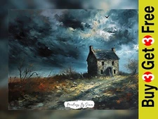 Dramatic Gothic Oil Landscape with Ruins Print 5"x7" on Matte Paper