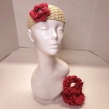 Woman's Handmade Crochet 2 Scrunchies and Flower Headband Pink  Beige NEW