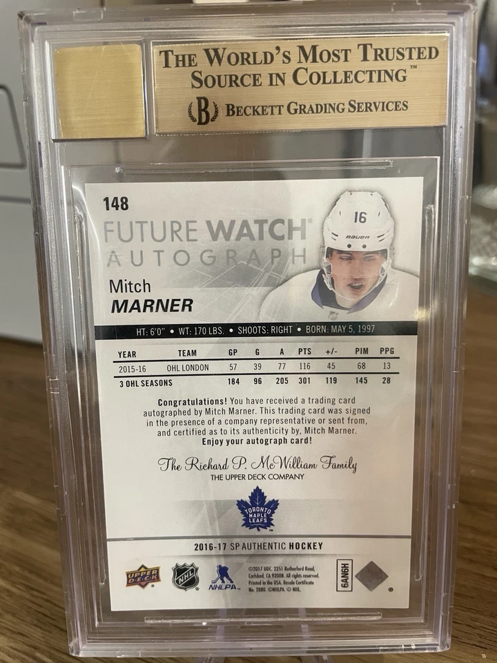 2016-17 UD SP Authentic #148 Mitch Marner Future Watch Rookie BGS 9.5 Auto 10 - Image 2 of 4