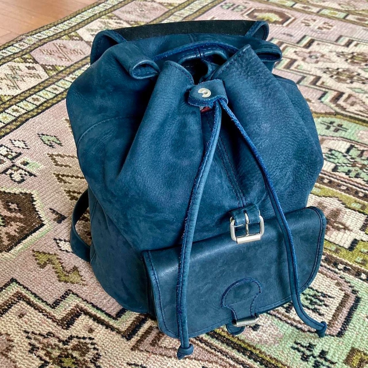 Abiza Blue Suede Drawstring Bag View 4