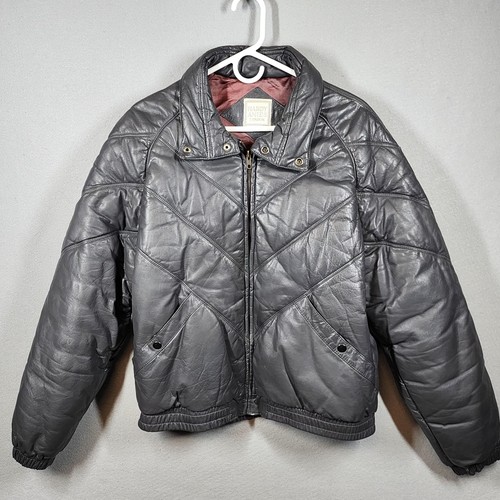 Hardy Amies, Rare Vintage Hardy Amies Jacket Mens Large Gray Leather Quilted Bomber 90s