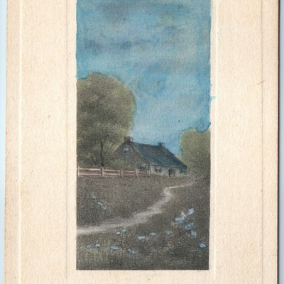 #ad c1910s Dakota IL Hand Water Colored Art PC Country House Path Blue Flowers A22 $37.50