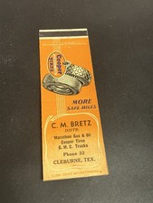 Vintage Texas Matchbook “CM Bretz Marathon Gas Cooper Tires GMC Trucks” Cleburne