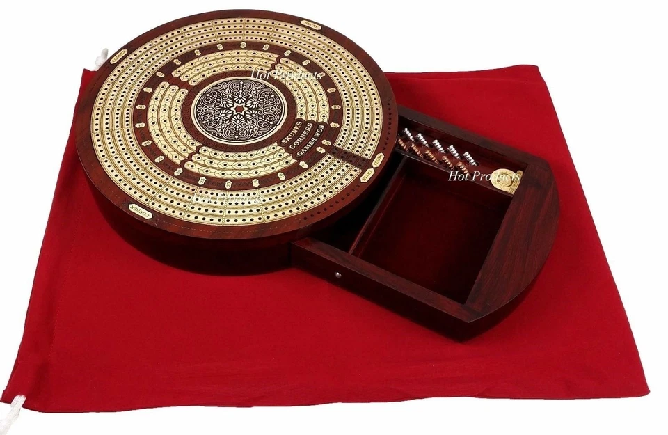 4 TRACK ROUND Continuous Cribbage Board Metal Pegs BLOODWOOD Skunks & Corners - Image 2 of 4