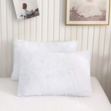 XeGe Faux Fur Throw Pillow Cases, Plush Shaggy 26" x 20" Pack of 2 , White