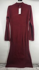 Mango MNG Women's Medium Wine Perkins-Neck Ribbed Dress NWT Cable Knit Midi
