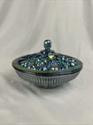 Federal Glass Blue Carnival  Candy Dish Windsor Button & Cane Pattern