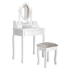 Vanity Wood Makeup Dressing Table Stool Set Jewelry Desk W/4 Drawer Mirror White