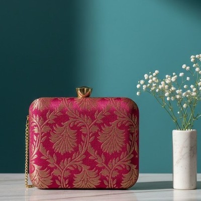 Women Banarasi Fabric Party Square Clasp Clutch Ethnic Wedding Evening Handbag