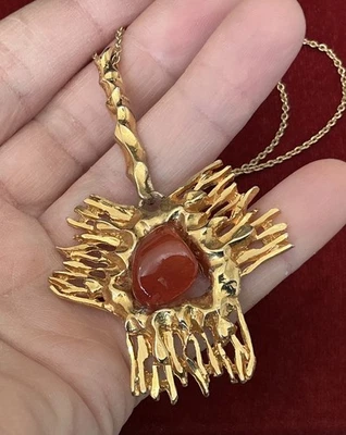 Vintage Original 1970s Gold Tone Brutalist Design Pendant With Chain - Image 1 of 4