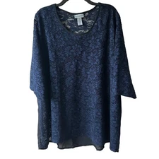 Catherines Lace Tunic Top Blouse Short Sleeve Sheer Relaxed Navy 2X or 22/24W