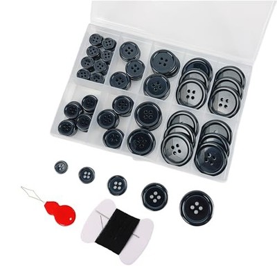 100Pcs Black Sewing Buttons Kit, Including Needle, Sewing Thread, and black