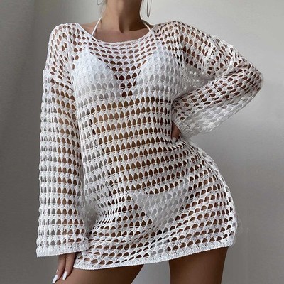 Women's sexy knitted hollow long sleeved bikini swimsuit cover