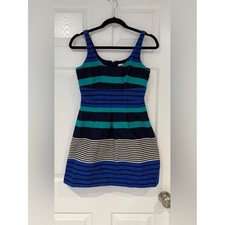 LOFT Petites Striped Fit & Flare Mini Dress 0P Navy Teal Blue Sleeveless Summer
