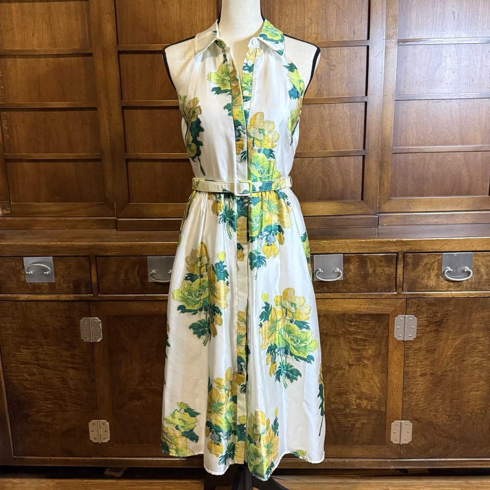 Belle Badgley Mischka Greta Backless Midi Dress Size 6 Green Cream Floral Print