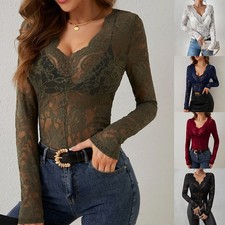Sexy Damen Transparent Spitze T-Shirt Obertei...