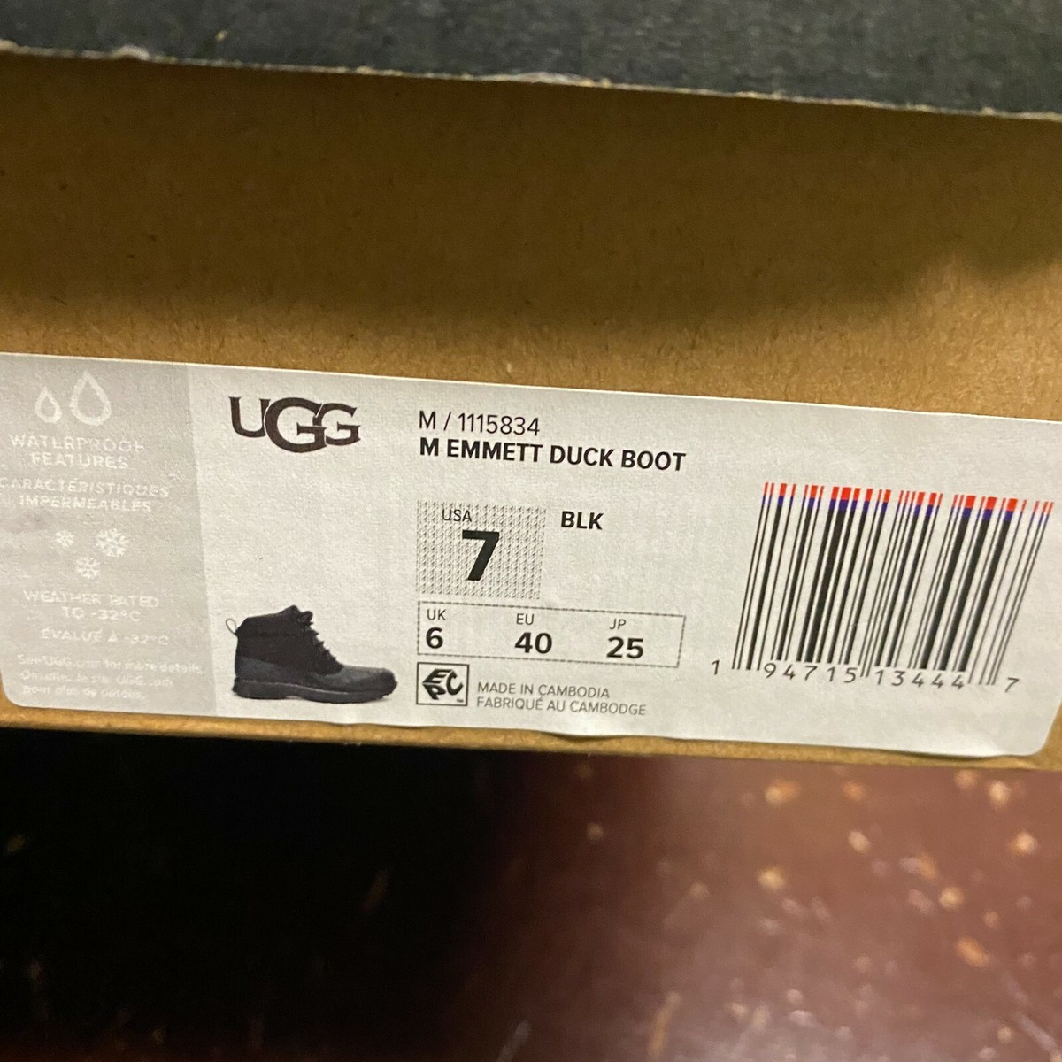 UGG Mens Black Emmett 1115834 Leather Waterproof Lace Up Duck Boots Size US 7 Men main image 2
