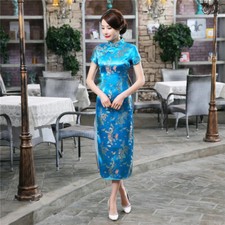 Women Evening Party Qipao Dress Chinese Silk Satin Dragon Embroidery Cheongsam