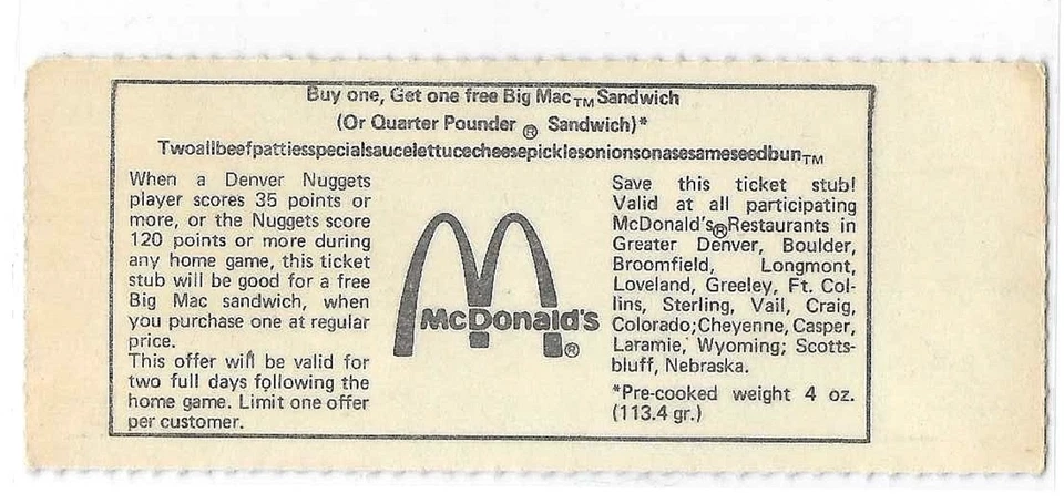 1978-79 Denver Nuggets vs. Washington Bullets Ticket Stub 3/11/1979 McNichols EX - Image 2 of 2