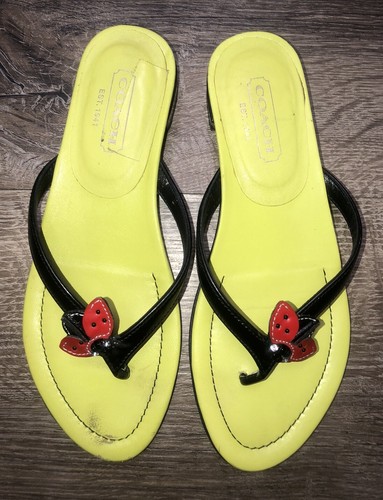 Coach Marla Lady Bug Sandals 7 M Neon Green Black Patent Leather Flip Flop Italy