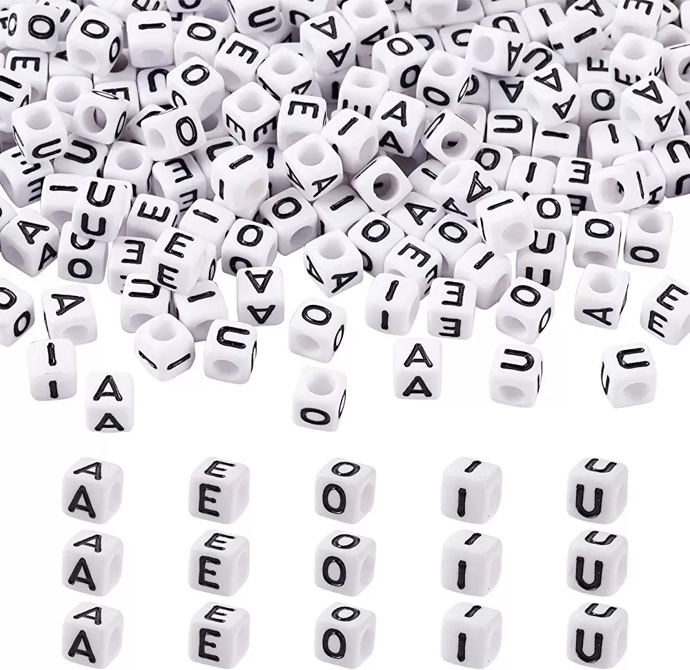 Alphabet Beads, Assorted Letters, 6mm Cube, White With Black