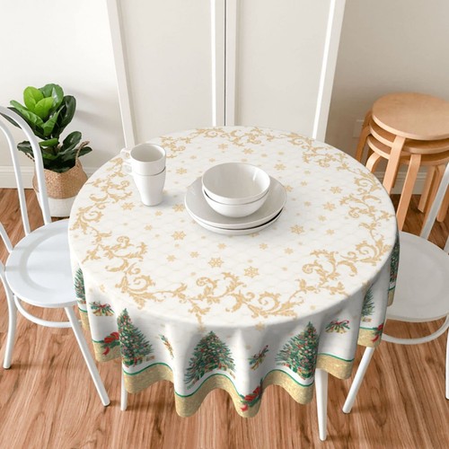 Christmas Round Tablecloth 70 Inch Gold Winter Snowflake Xmas Tree Table Cloth F - Picture 2 of 7