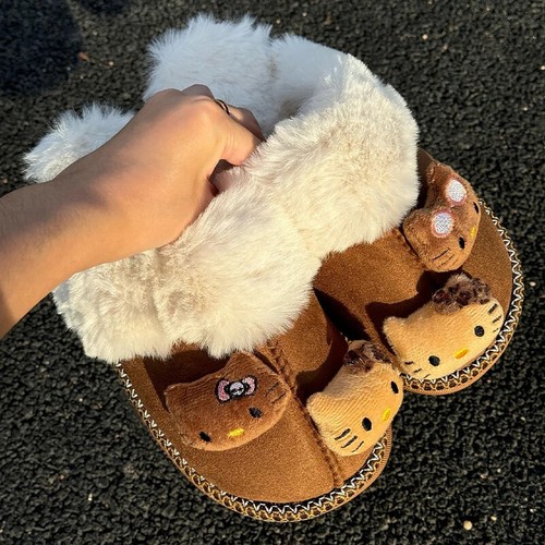Kitty Plush Slippers Warm Winter Indoor Brown Slippers Flat Casual - Picture 6 of 24