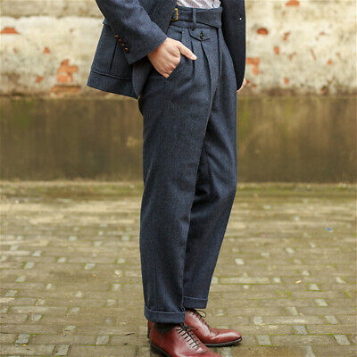 Men Wool Blend Herringbone Pants Vintage Tweed Straight Leg Dress Trouser Casual