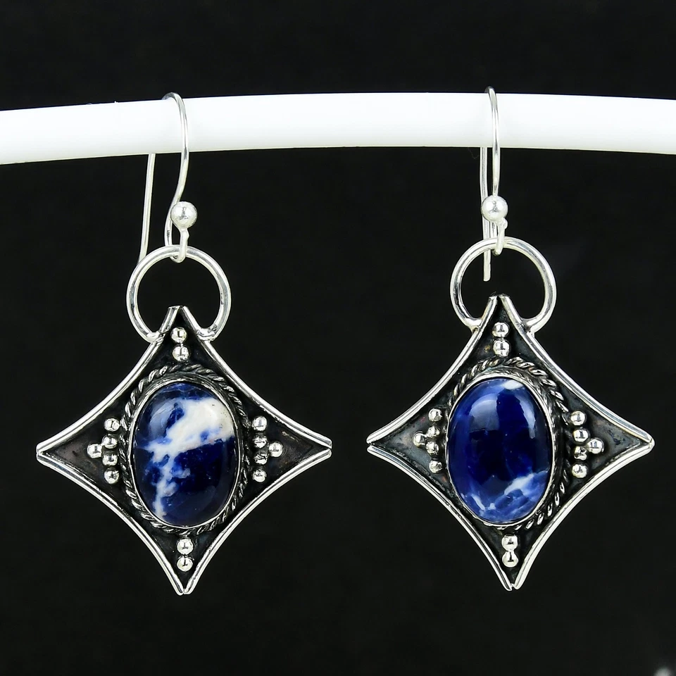 Naturale Sodalite Gemma 925 Argento Sterling Gioielli Fatto Donna Orecchini - Immagine 4 di 4