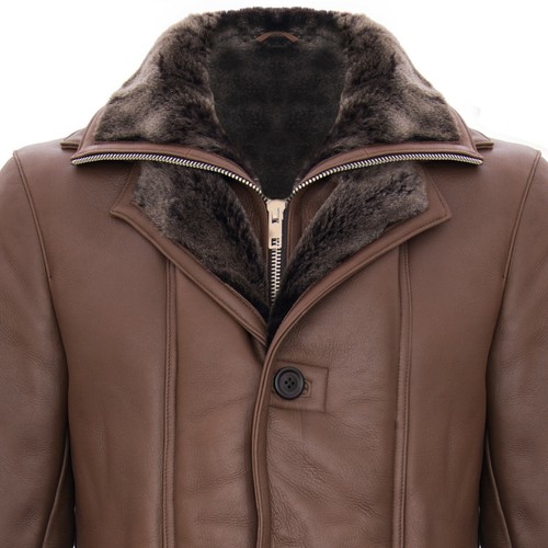 Herren warmbraun Nappaleder Shearling Lammfell Trench Pilot Jacke Mantel  - Bild 4 von 6