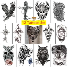 Set of 12 Sheets Waterproof Temporary Tattoo Stickers Eagle Wolf Arm & Body Art