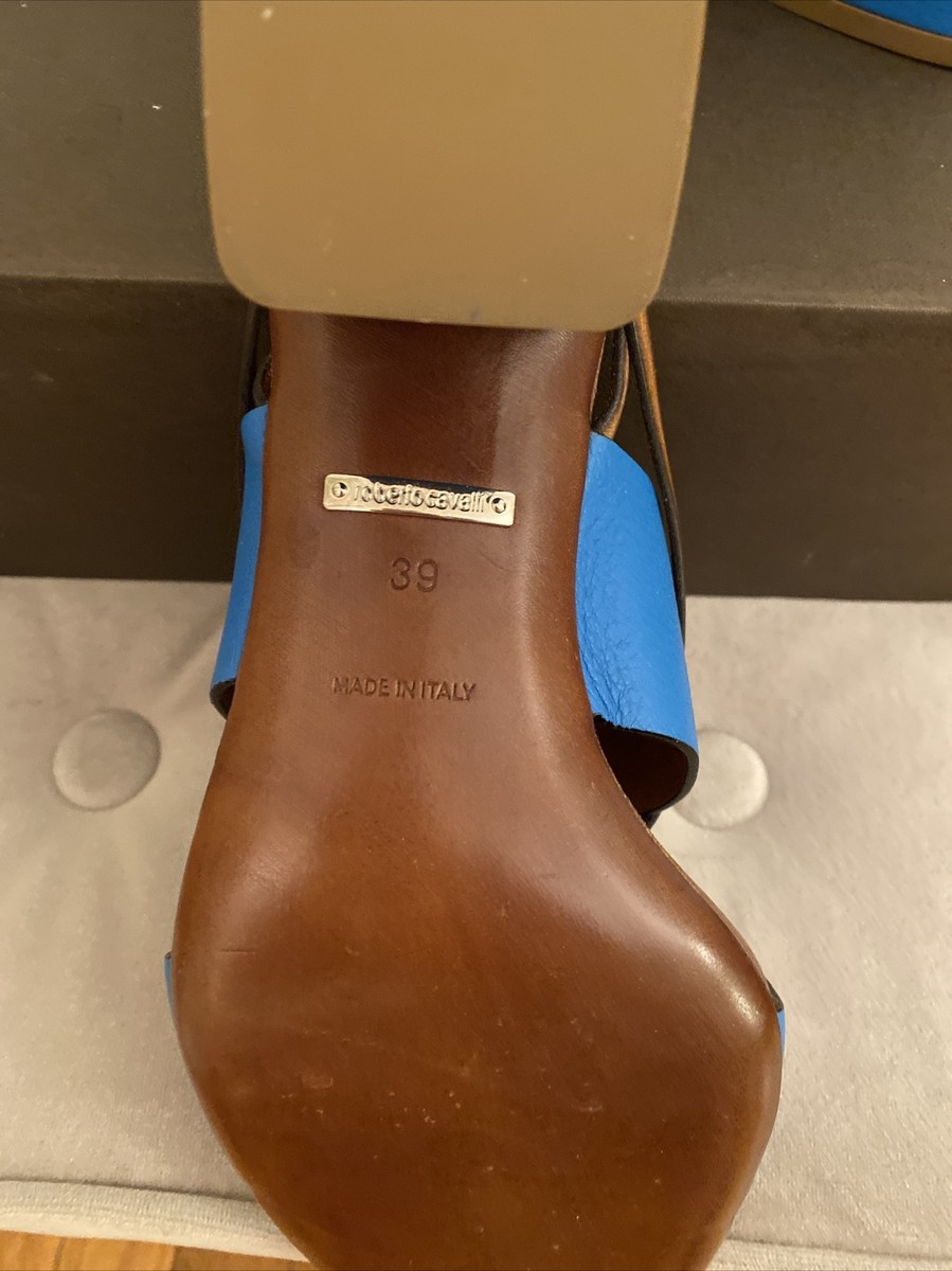 Sandales Roberto Cavalli Talons Cubain Bleu Cuir Taille 9 Italie - Neuf Avec Boîte