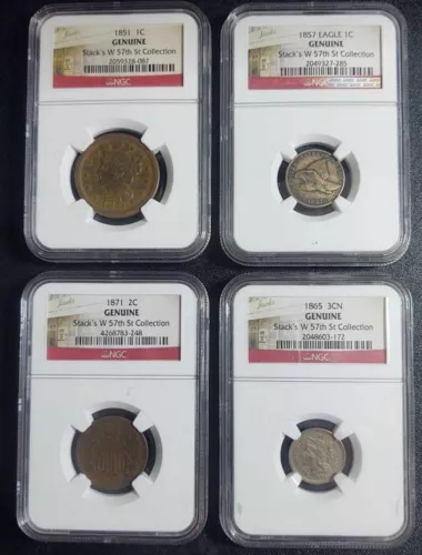 1851 Large 1¢, 1857 Flying Eagle 1¢, 1871 2¢ 1865 3 Cent Nickel  Lot Genuine NGC