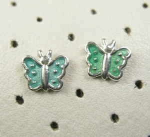 Vintage Girl Kids Sterling Silver Green Enamel Butterfly Post Stud Earrings 925